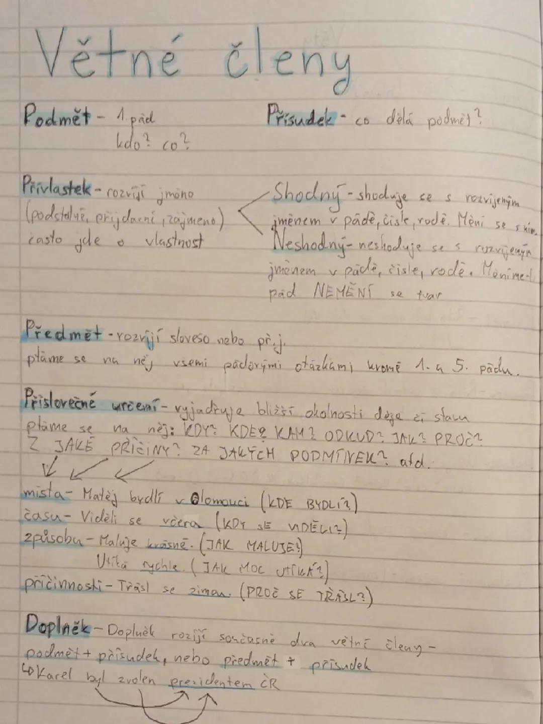 # Větné členy

Podmět - 1 pad
kdo? co?

Přísudek co dělá podmet?

Přívlastek-rozvíjí jméno
(podstatue, přijdarní, zájmeno)
casto jde o vlast