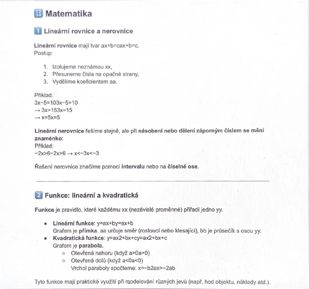 Matematika, funkce a linearni rovnice