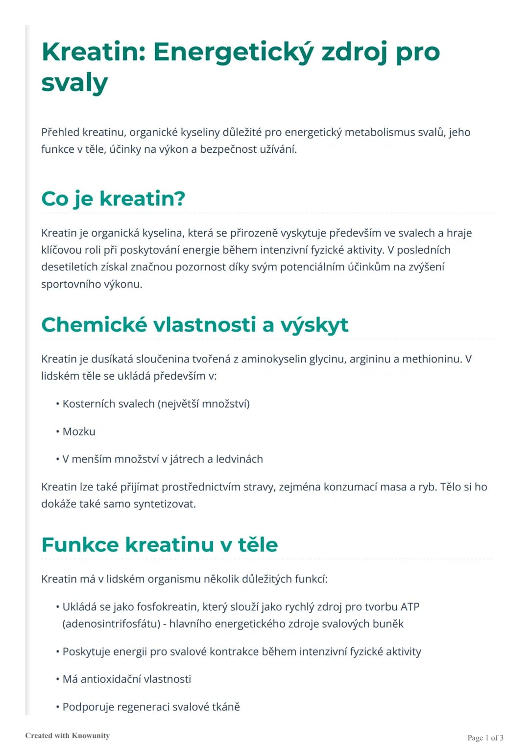 # Kreatin: Energetický zdroj pro
svaly

Přehled kreatinu, organické kyseliny důležité pro energetický metabolismus svalů, jeho
funkce v těle