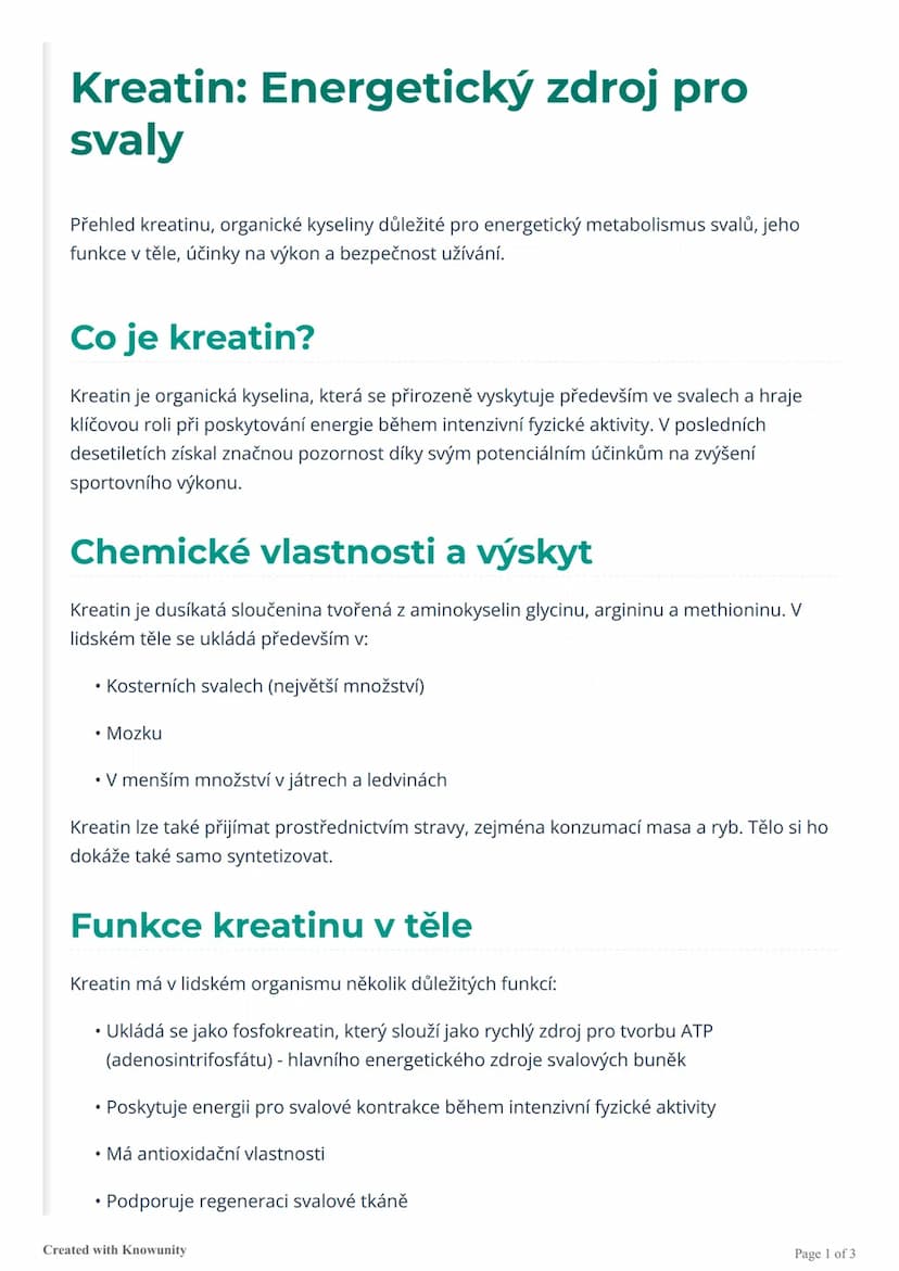 # Kreatin: Energetický zdroj pro
svaly

Přehled kreatinu, organické kyseliny důležité pro energetický metabolismus svalů, jeho
funkce v těle