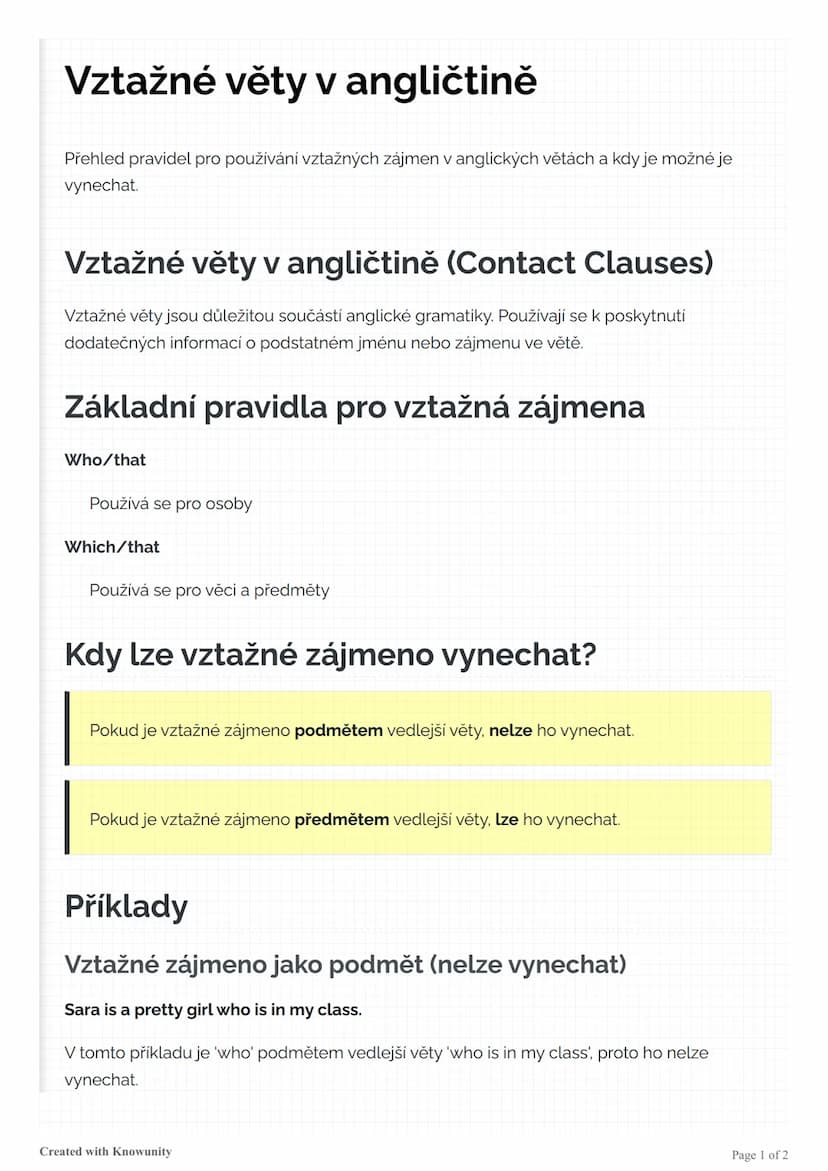 # Vztažné věty v angličtině

Přehled pravidel pro používání vztažných zájmen v anglických větách a kdy je možné je
vynechat.

# Vztažné věty