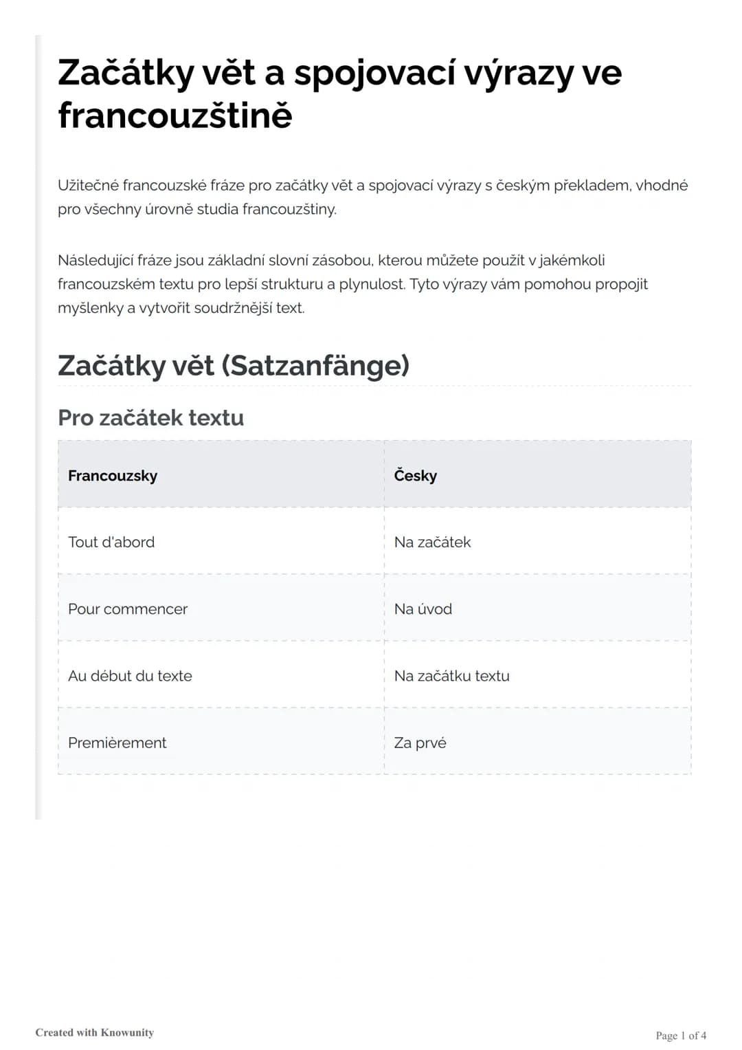 Začátky vět a spojovací výrazy ve francouzštině