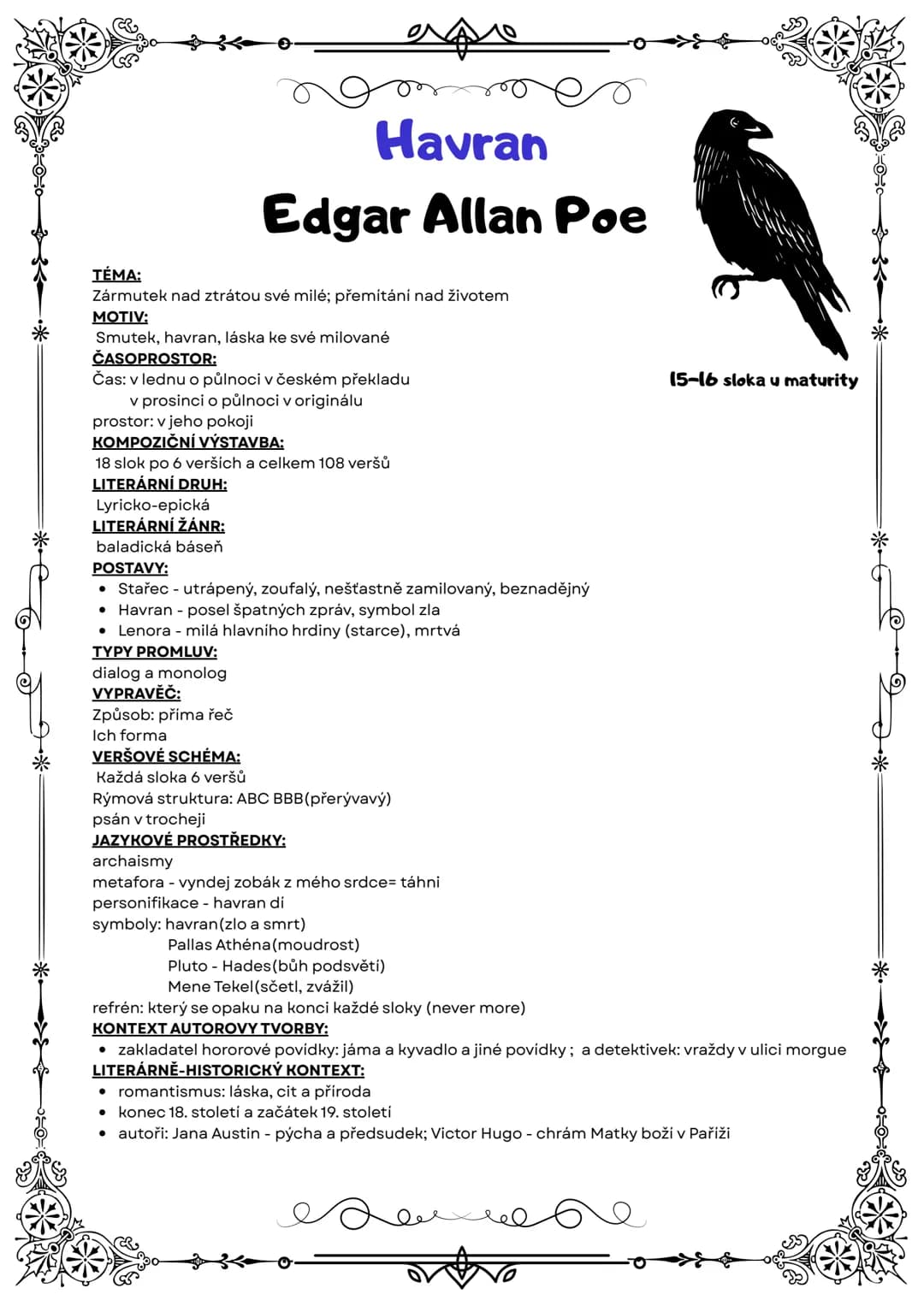 *
*
*
*
# Havran

## Edgar Allan Poe

TÉMA:
Zármutek nad ztrátou své milé; přemítání nad životem

MOTIV:
Smutek, havran, láska ke své milova