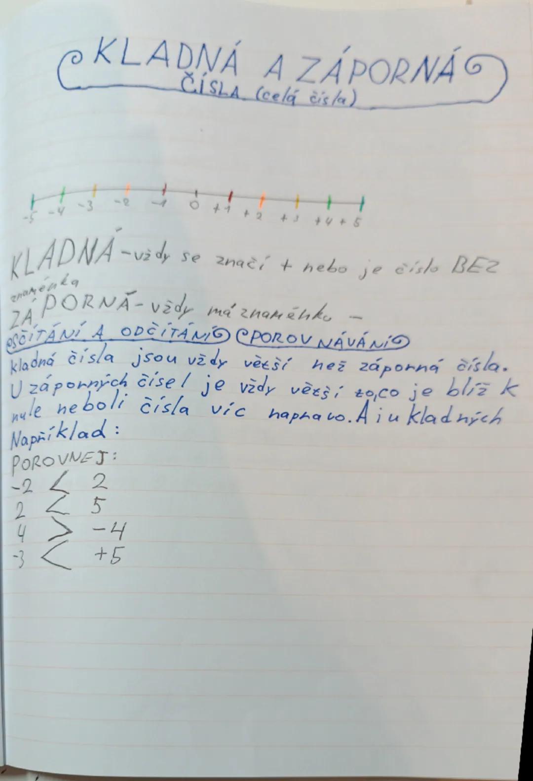 م
# KLADNÁ A ZÁPORNÁG
## ČÍSLA (celá čísla)

```
-5 -4 -3 -2 -1 0 +1 +2 +3 +4 +5
```

# KLADNA-dy
*chameska*
se značí + nebo je číslo BEZ

#