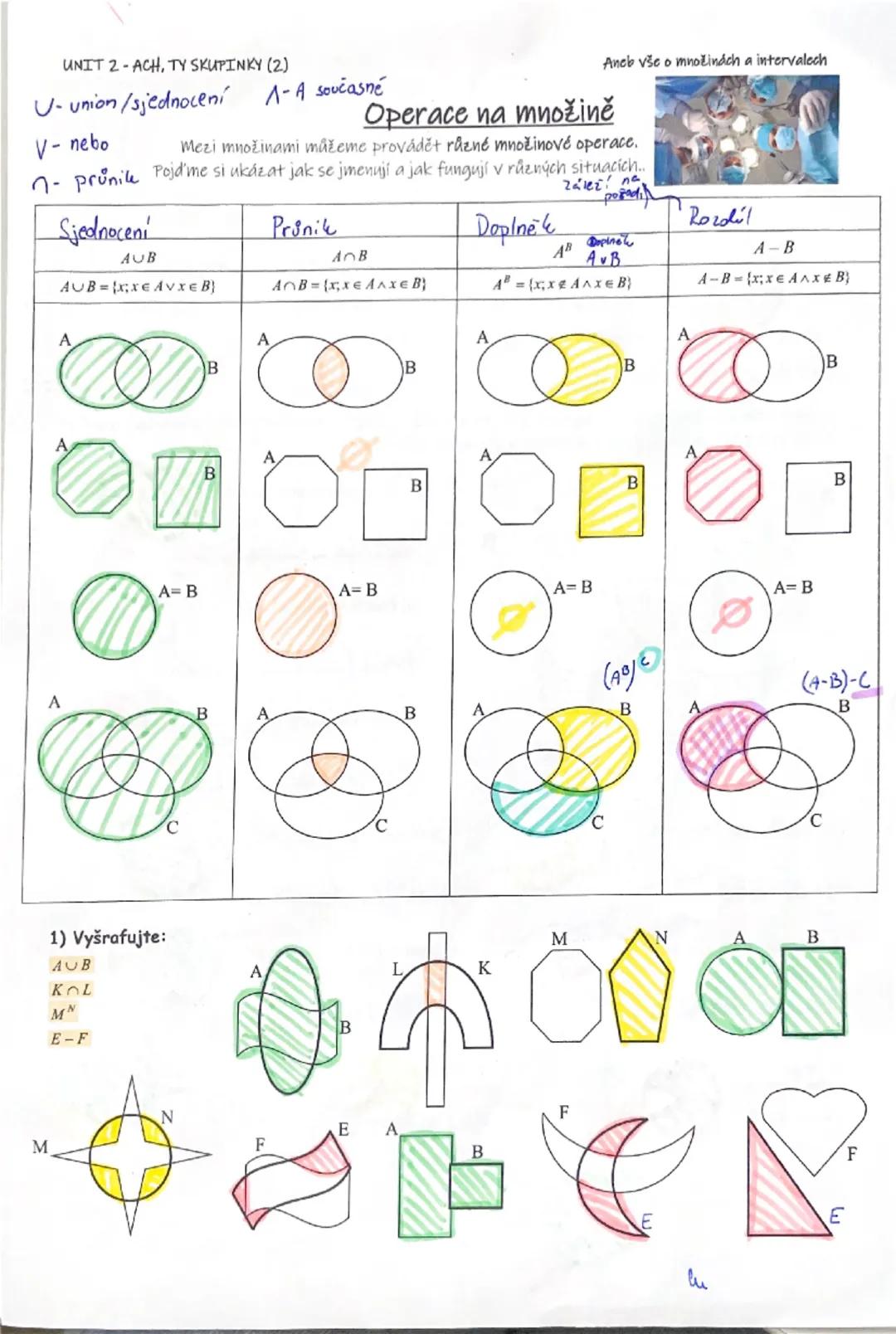 2) Zapiště výčtem prvků:
A
c
1
7
0
B
A=$\{1;7\}$
B=$\{7;e;0\}$
A$\cup$B=$\{1;7;e;0\}$\nA$\cap$B=$\{7\}$
A-B=$\{1\}$\nA$^B$=$\{e;0\}$\nB-A=$\