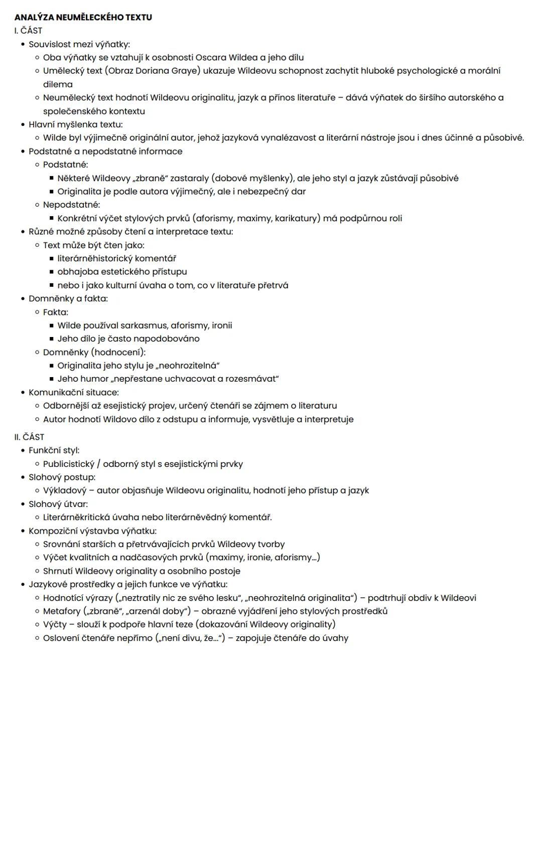 --- OCR Start ---
ROZBORY TEXTŮ
ANALÝZA UMĚLECKÉHO TEXTU
1. ČÁST
- zasazení výňatku do kontextu díla
- téma a motiv
- časoprostor
- kompozič