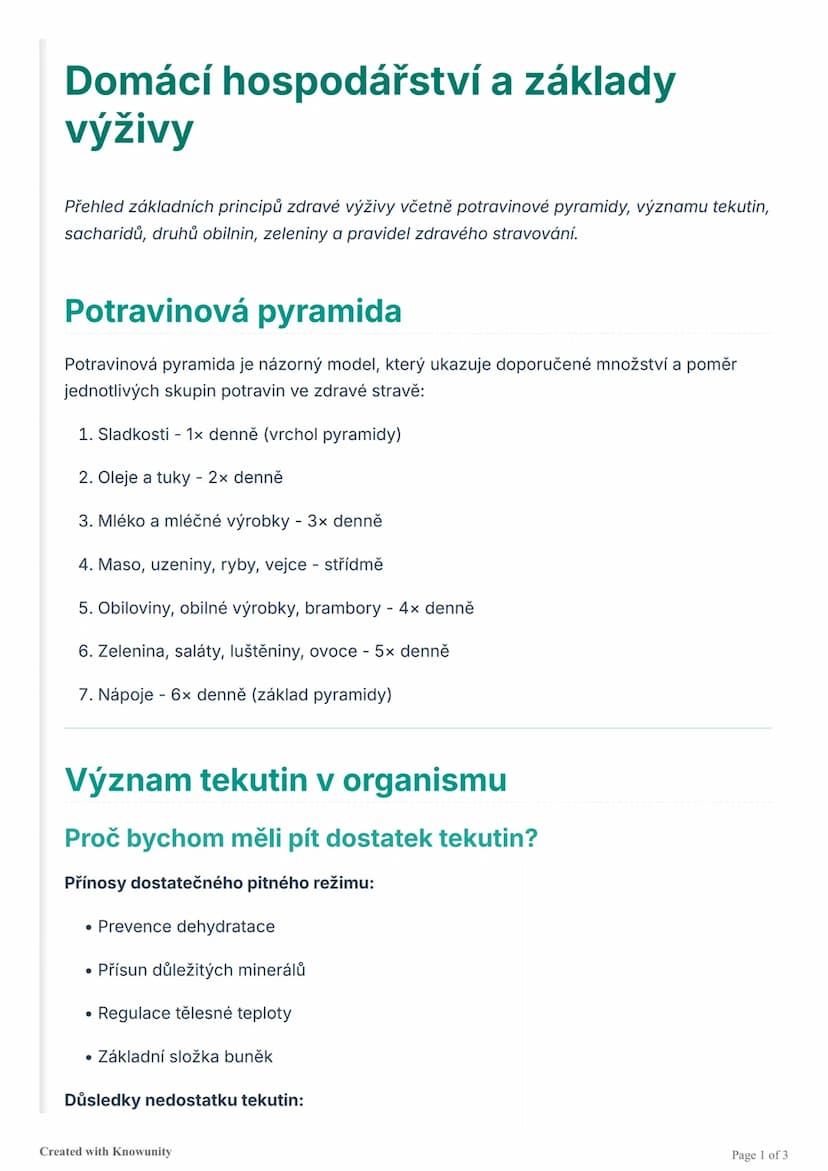 # Domácí hospodářství a základy
# výživy

Přehled základních principů zdravé výživy včetně potravinové pyramidy, významu tekutin,
sacharidů,