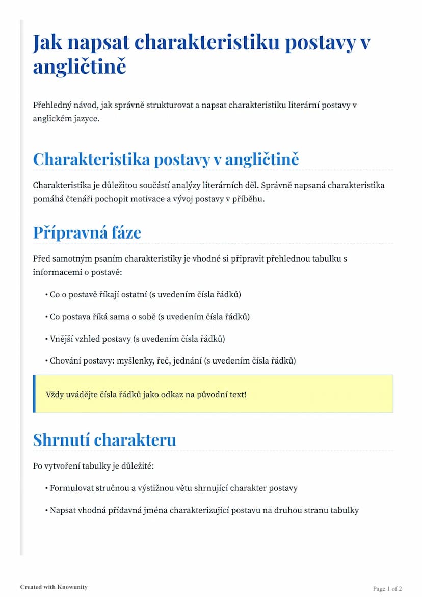 # Jak napsat charakteristiku postavy v
angličtině

Přehledný návod, jak správně strukturovat a napsat charakteristiku literární postavy v
an