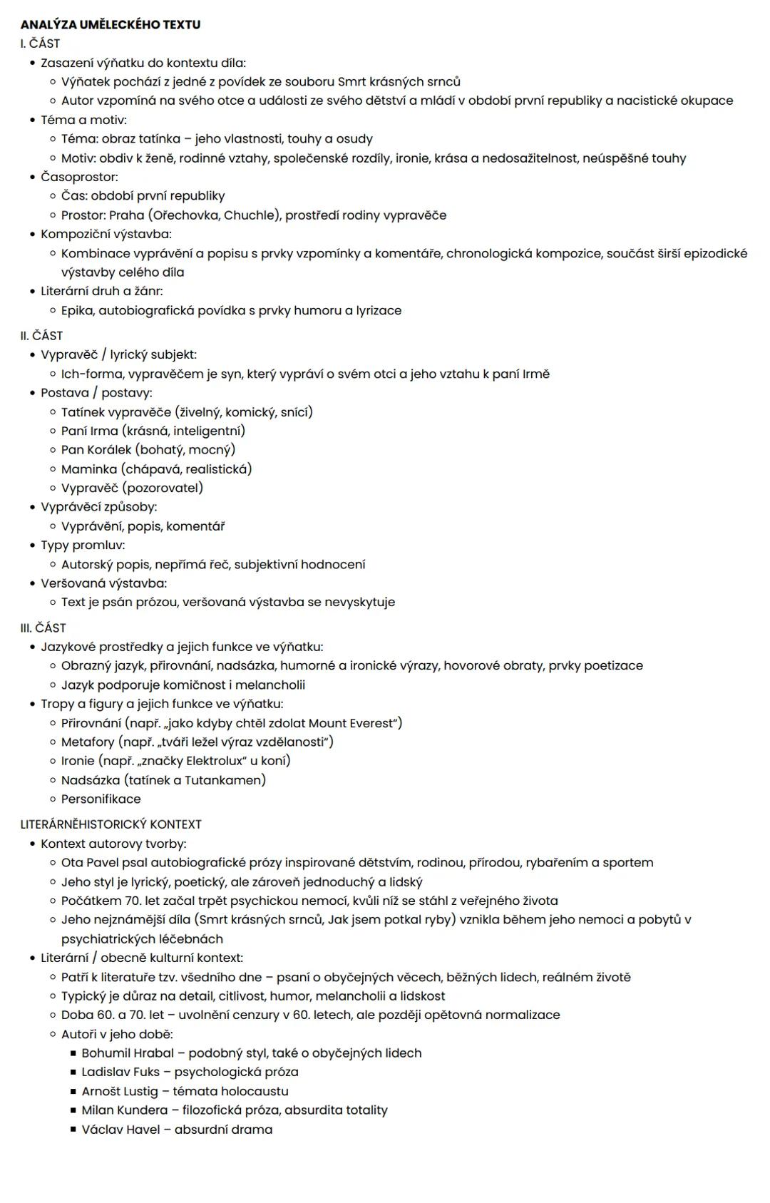 ROZBORY TEXTŮ
ANALÝZA UMĚLECKÉHO TEXTU
1. ČÁST
- zasazení výňatku do kontextu díla
- téma a motiv
- časoprostor
- kompoziční výstavba
- lite