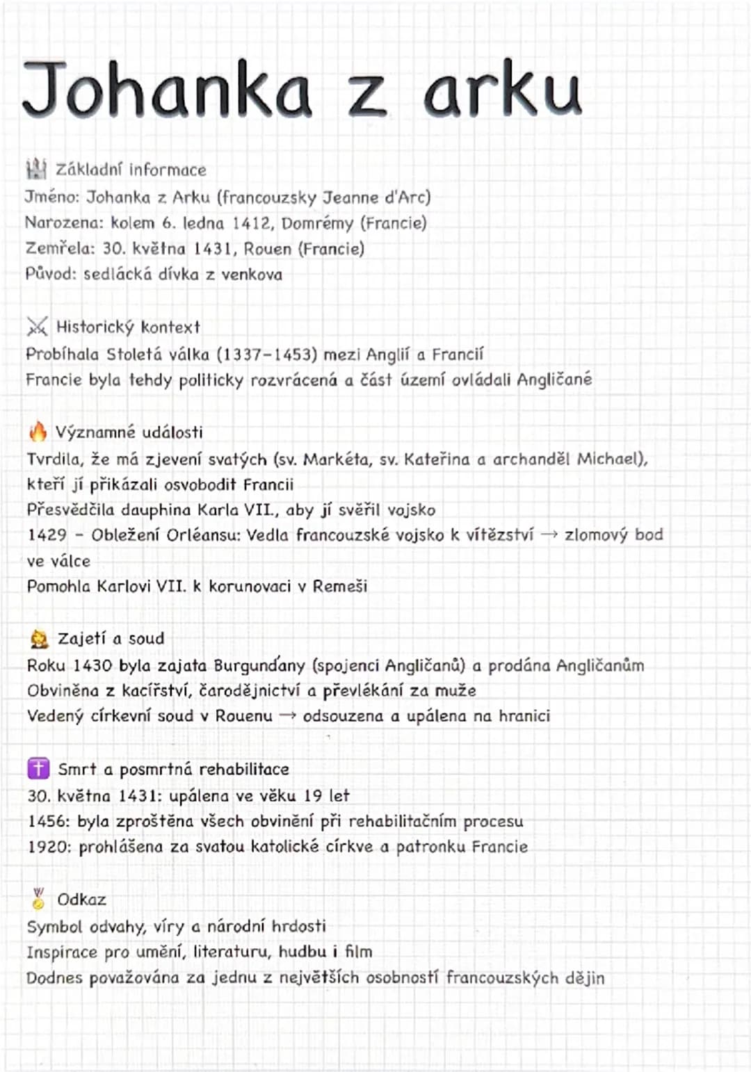 # Johanka z arku

👑 **Základní informace**
Jméno: Johanka z Arku (francouzsky Jeanne d'Arc)
Narozena: kolem 6. ledna 1412, Domrémy (Francie