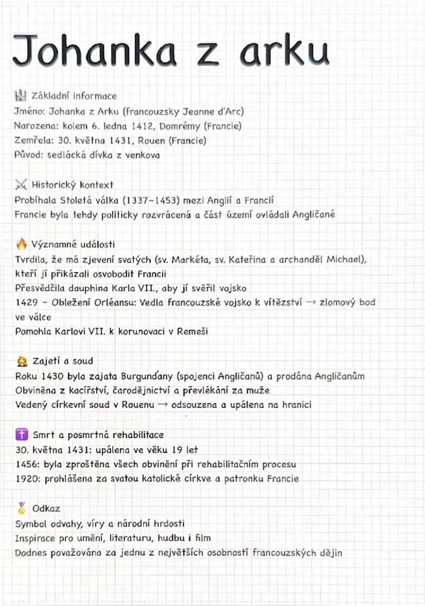 # Johanka z arku

👑 **Základní informace**
Jméno: Johanka z Arku (francouzsky Jeanne d'Arc)
Narozena: kolem 6. ledna 1412, Domrémy (Francie