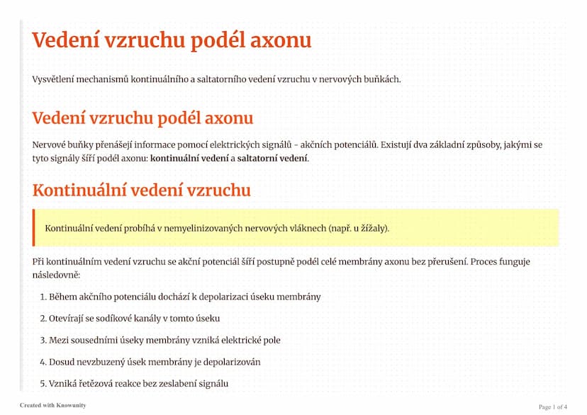 # Vedení vzruchu podél axonu

Vysvětlení mechanismů kontinuálního a saltatorního vedení vzruchu v nervových buňkách.

# Vedení vzruchu podél