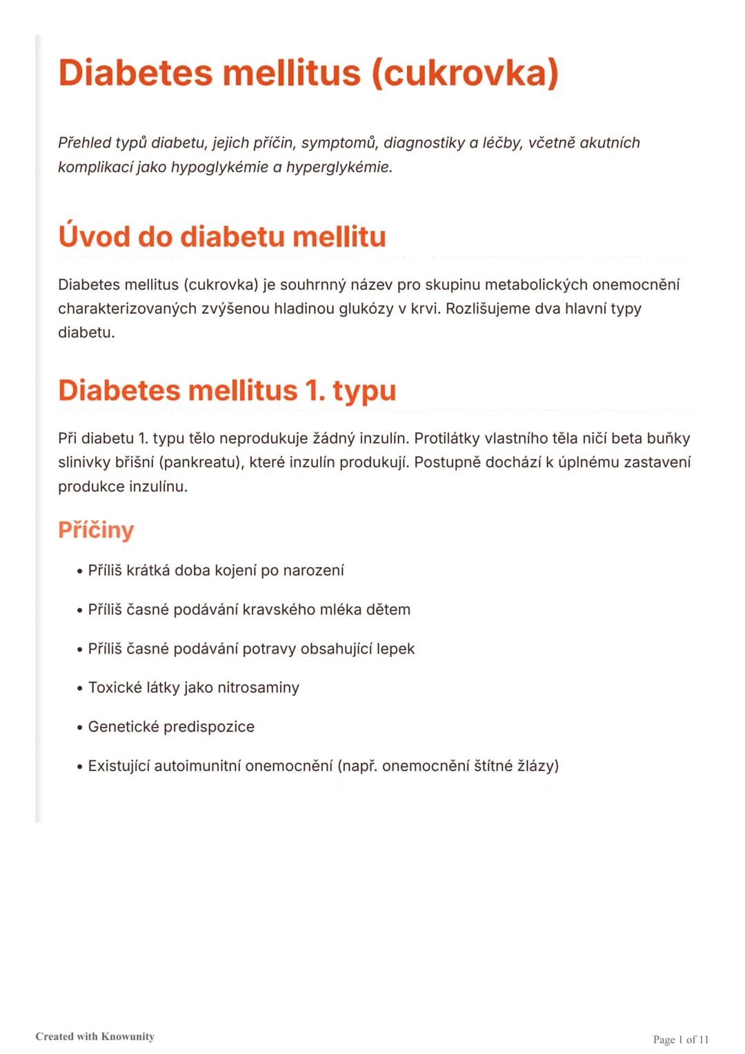 # Diabetes mellitus (cukrovka)

Přehled typů diabetu, jejich příčin, symptomů, diagnostiky a léčby, včetně akutních
komplikací jako hypoglyk