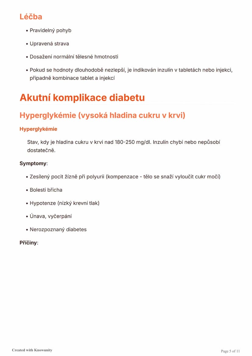 # Diabetes mellitus (cukrovka)

Přehled typů diabetu, jejich příčin, symptomů, diagnostiky a léčby, včetně akutních
komplikací jako hypoglyk