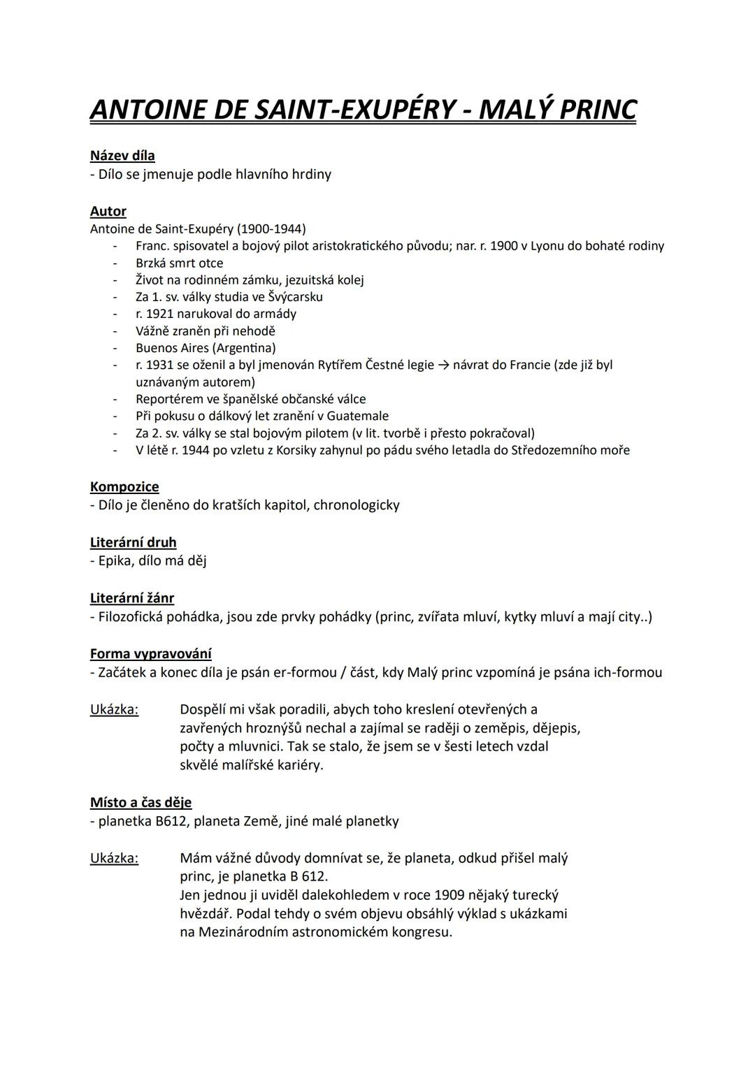 ANTOINE DE SAINT-EXUPÉRY - MALÝ PRINC
Název díla
- Dílo se jmenuje podle hlavního hrdiny
Autor
Antoine de Saint-Exupéry (1900-1944)
- Franc.