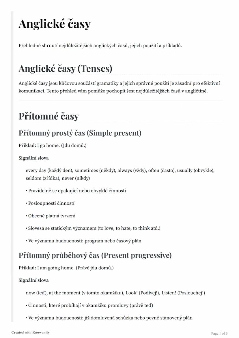 # Anglické časy

Přehledné shrnutí nejdůležitějších anglických časů, jejich použití a příkladů.

# Anglické časy (Tenses)

Anglické časy jso