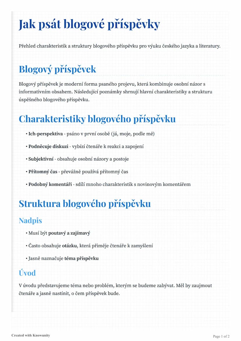 # Jak psát blogové příspěvky

Přehled charakteristik a struktury blogového příspěvku pro výuku českého jazyka a literatury.

# Blogový přísp