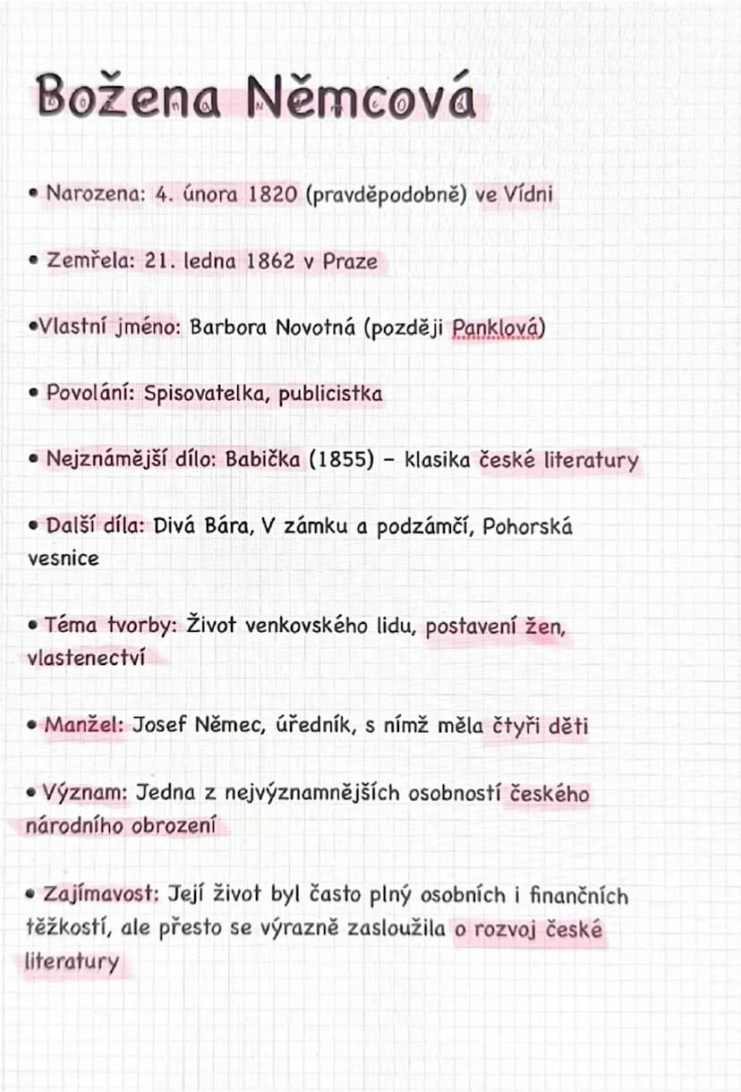 # Božena Němcová

- Narozena: 4. února 1820 (pravděpodobně) ve Vídni
- Zemřela: 21. ledna 1862 v Praze
- Vlastní jméno: Barbora Novotná (poz