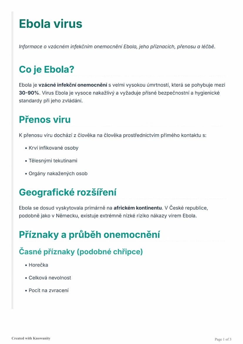 # Ebola virus
Informace o vzácném infekčním onemocnění Ebola, jeho příznacích, přenosu a léčbě.

# Co je Ebola?
Ebola je vzácné infekční one