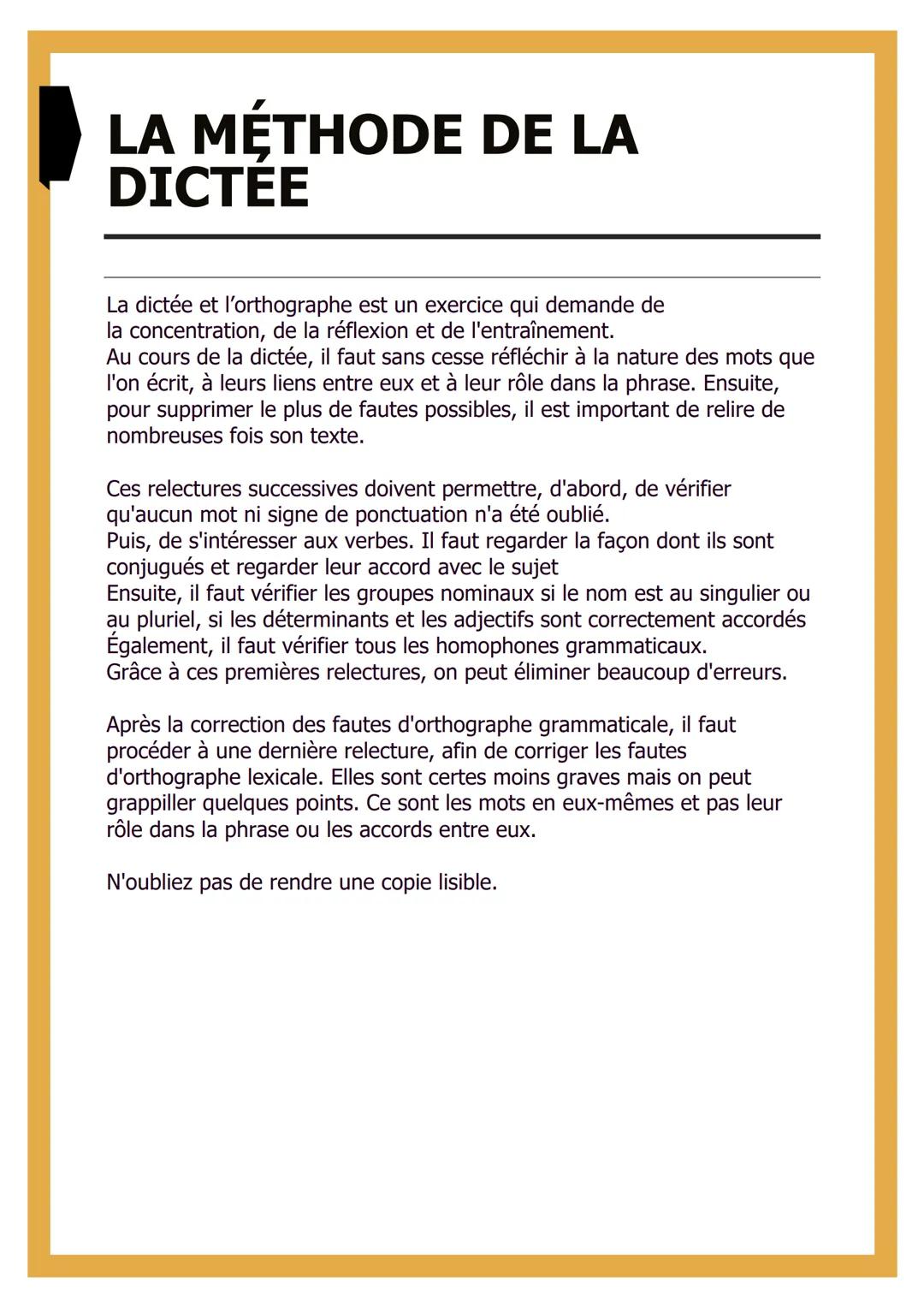 # LA MÉTHODE DE LA
DICTEE

La dictée et l'orthographe est un exercice qui demande de
la concentration, de la réflexion et de l'entraînement.