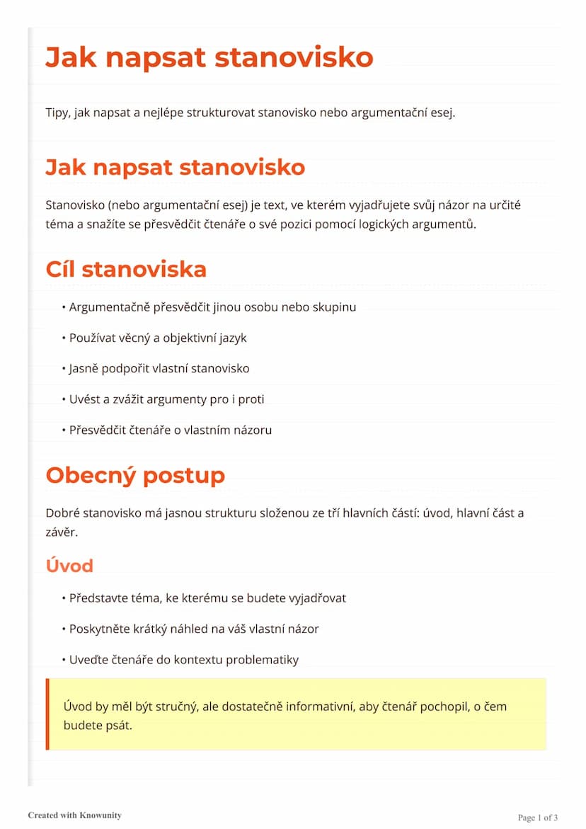 # Jak napsat stanovisko
Tipy, jak napsat a nejlépe strukturovat stanovisko nebo argumentační esej.

# Jak napsat stanovisko
Stanovisko (nebo