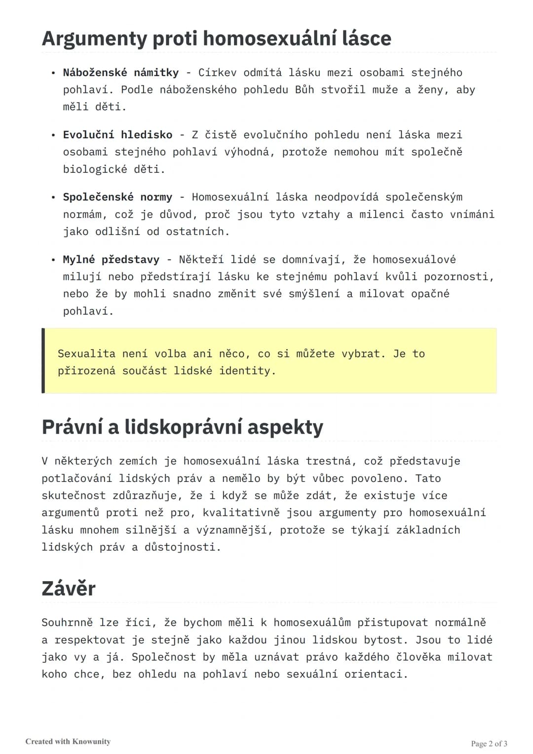 # Homosexuální láska - komentář
Diskuze o argumentech pro a proti homosexuální lásce v moderní
společnosti, včetně pohledu na lidská práva, 