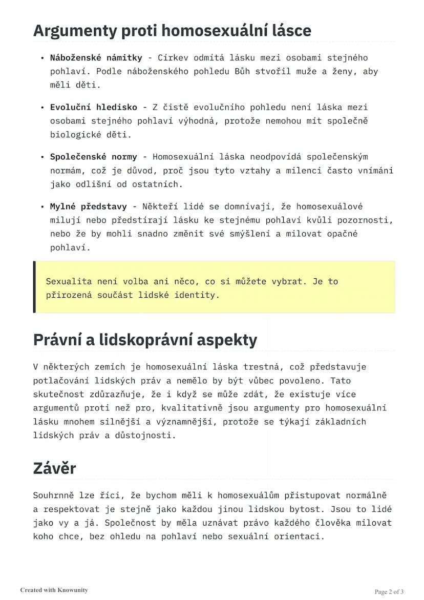 # Homosexuální láska - komentář
Diskuze o argumentech pro a proti homosexuální lásce v moderní
společnosti, včetně pohledu na lidská práva, 