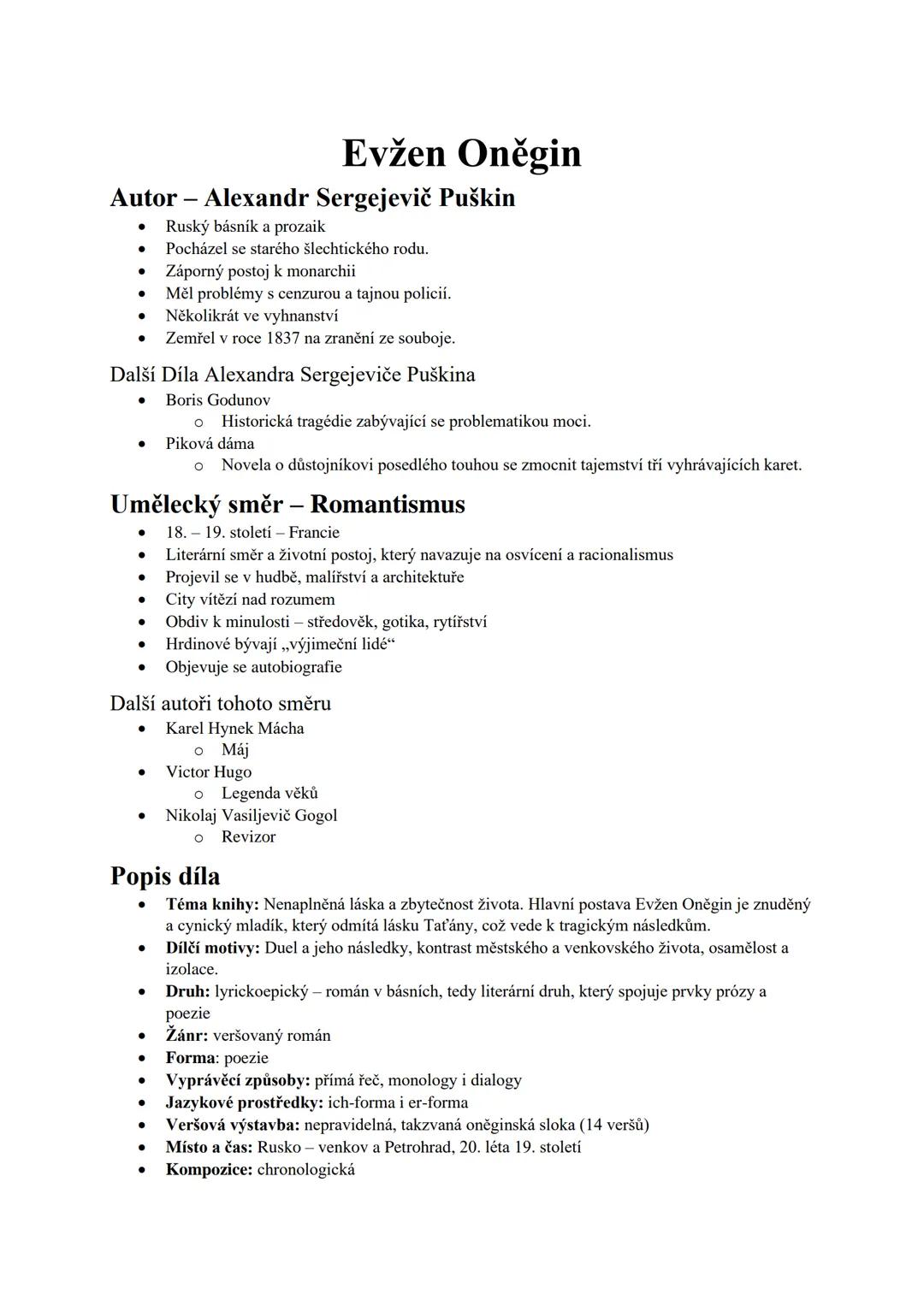 Rozbor díla Evžen Oněgin od Alexandra Puškina