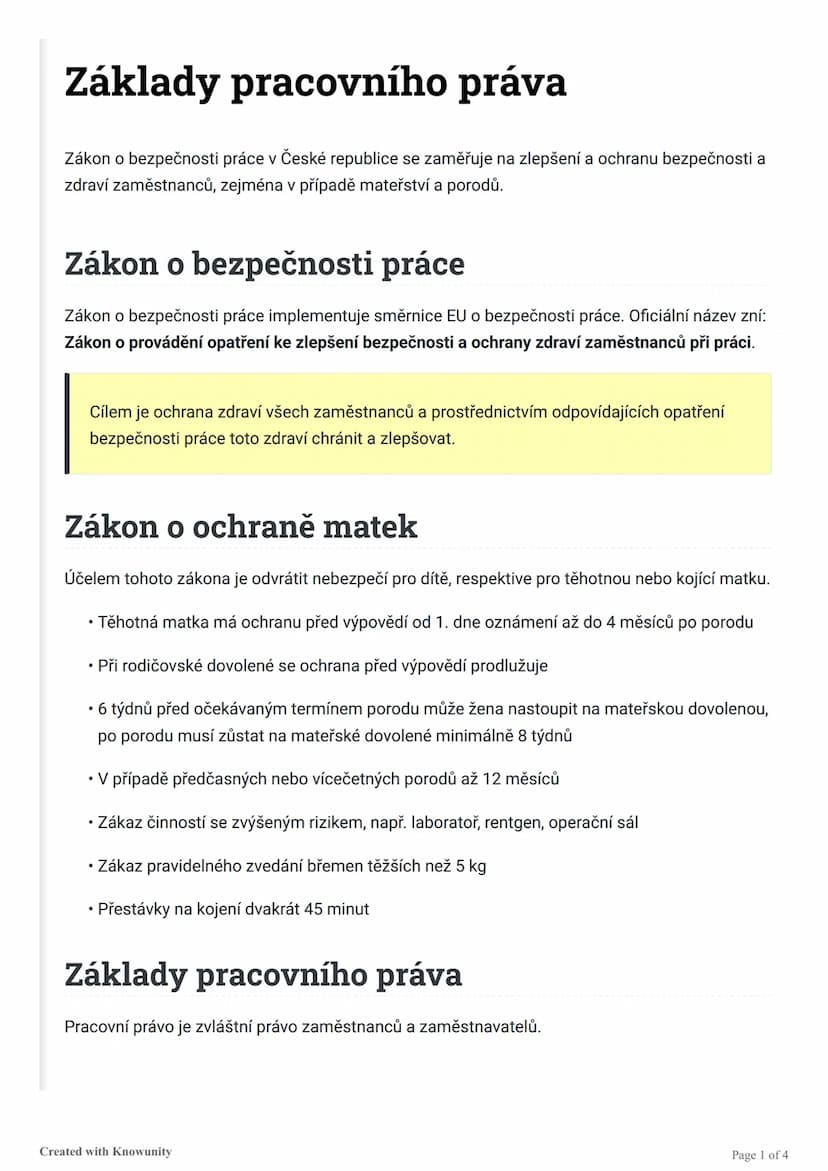 # Základy pracovního práva

Zákon o bezpečnosti práce v České republice se zaměřuje na zlepšení a ochranu bezpečnosti a
zdraví zaměstnanců, 