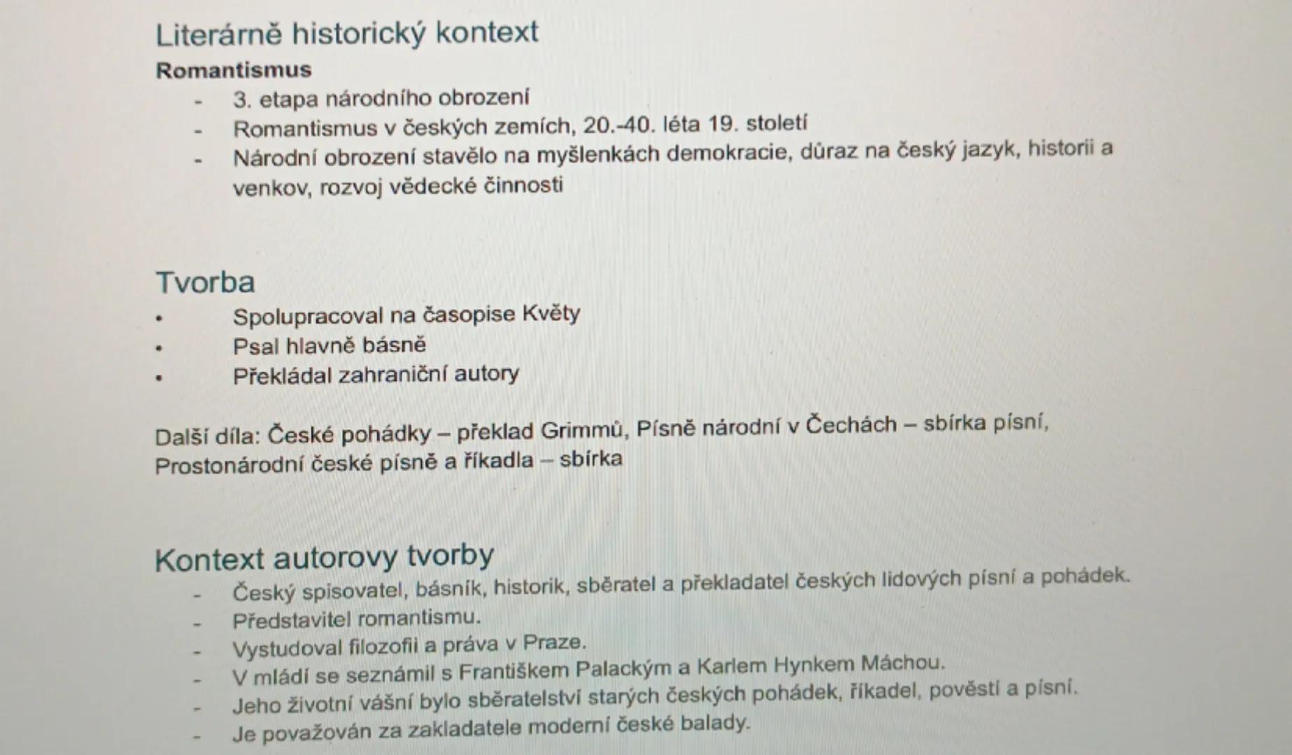 ## Kytice-Karel Jaromír Erben

žánr:lyricko-epická báseň forma:Poezie
druh:lirika

Téma
- Lidské neštěstí, které si člověk sám zavinil. Krut