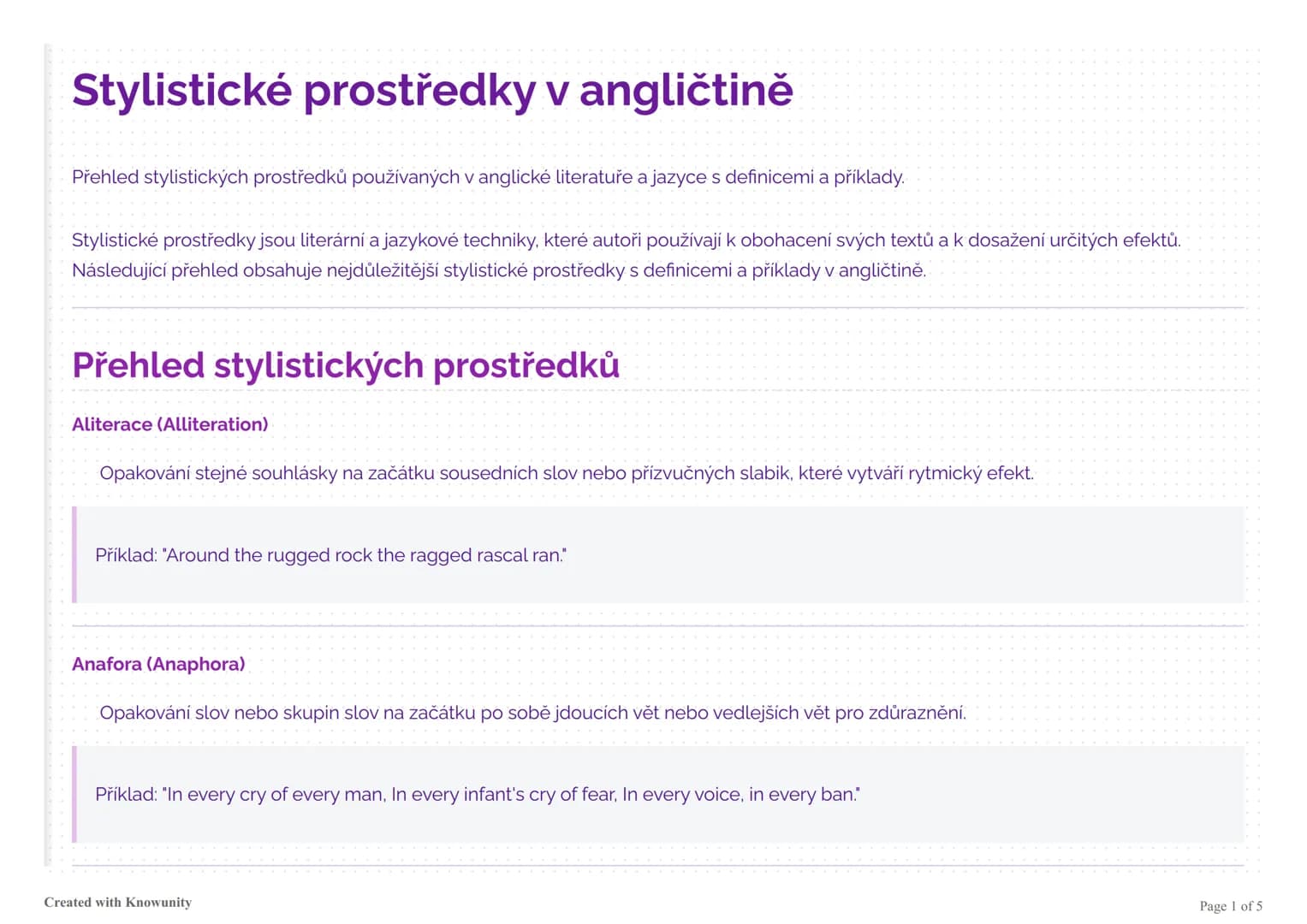 # Stylistické prostředky v angličtině

Přehled stylistických prostředků používaných v anglické literatuře a jazyce s definicemi a příklady.
