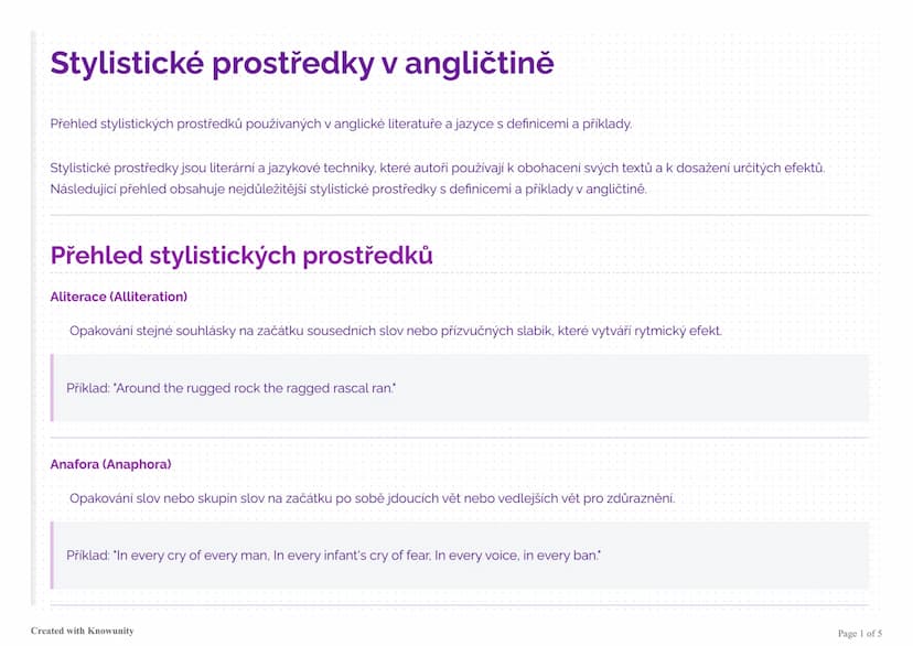 # Stylistické prostředky v angličtině

Přehled stylistických prostředků používaných v anglické literatuře a jazyce s definicemi a příklady.
