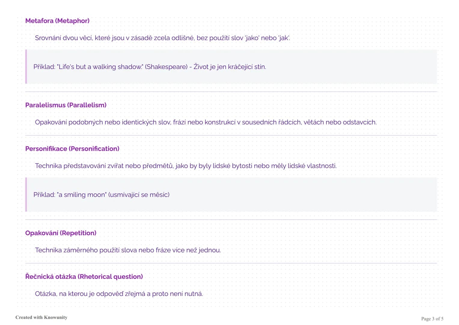 # Stylistické prostředky v angličtině

Přehled stylistických prostředků používaných v anglické literatuře a jazyce s definicemi a příklady.
