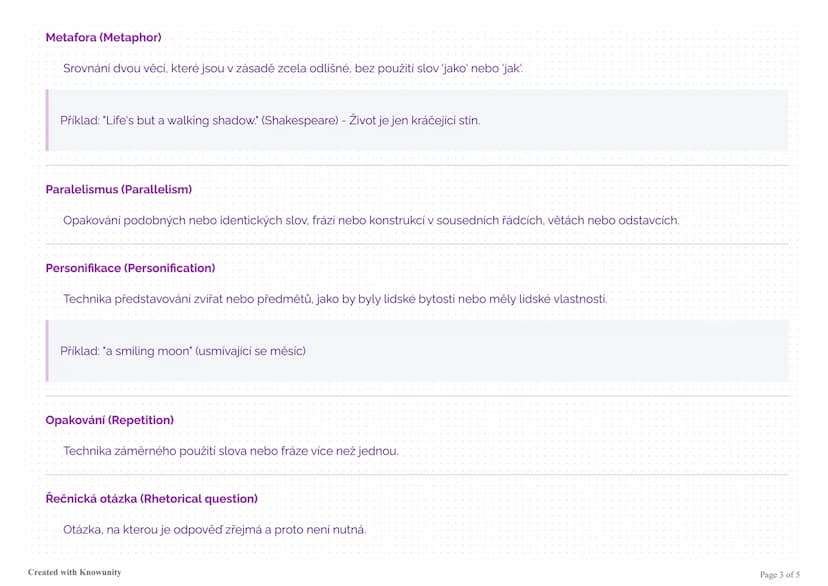 # Stylistické prostředky v angličtině

Přehled stylistických prostředků používaných v anglické literatuře a jazyce s definicemi a příklady.
