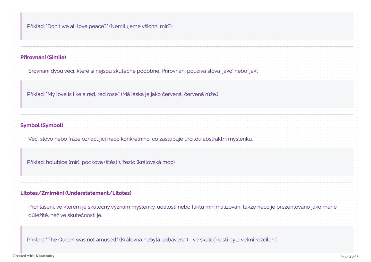 # Stylistické prostředky v angličtině

Přehled stylistických prostředků používaných v anglické literatuře a jazyce s definicemi a příklady.
