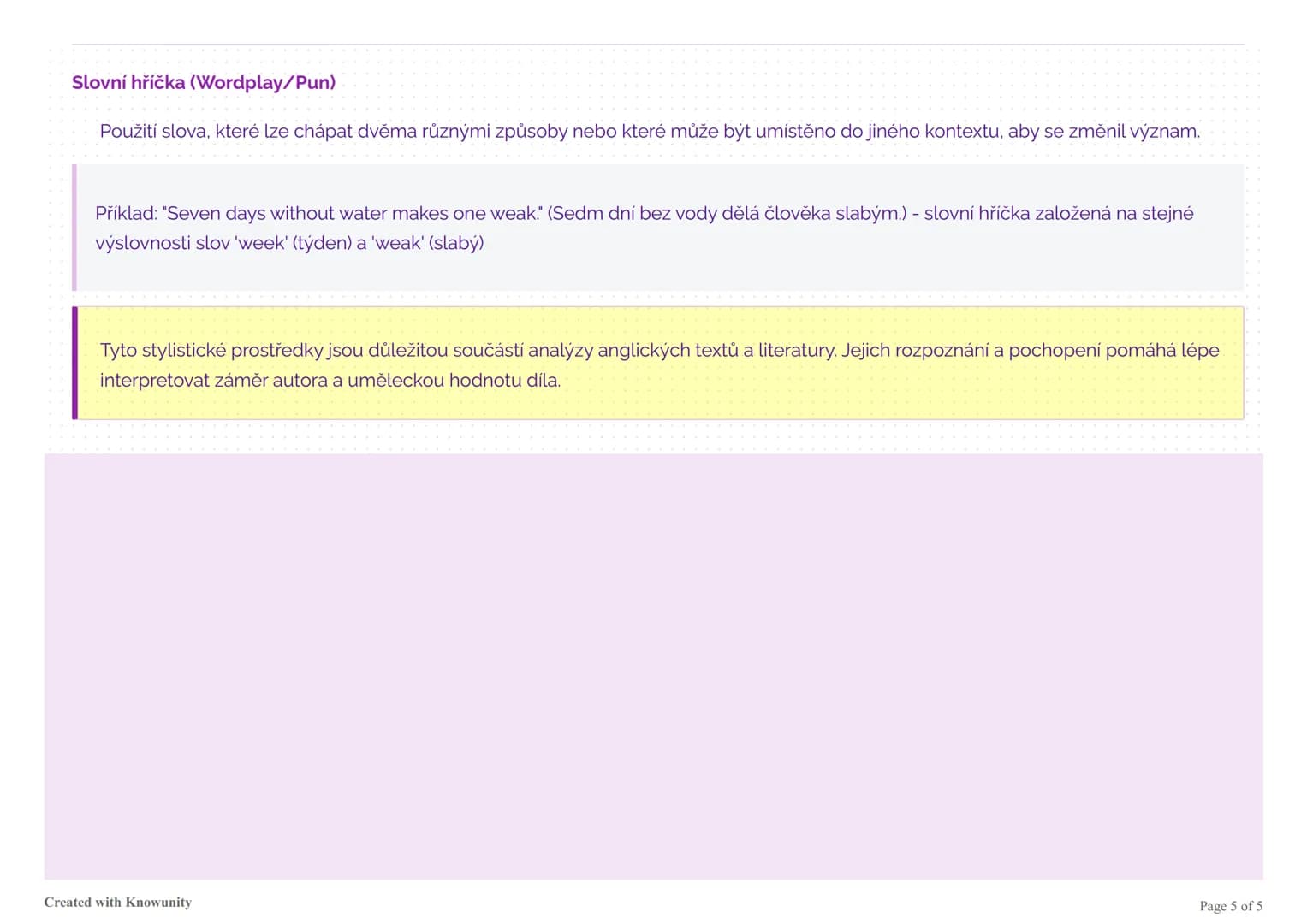 # Stylistické prostředky v angličtině

Přehled stylistických prostředků používaných v anglické literatuře a jazyce s definicemi a příklady.
