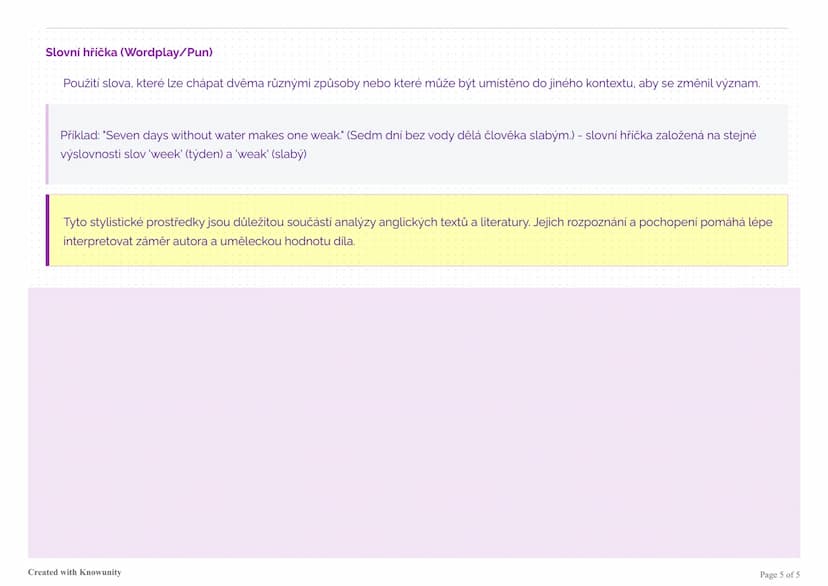 # Stylistické prostředky v angličtině

Přehled stylistických prostředků používaných v anglické literatuře a jazyce s definicemi a příklady.
