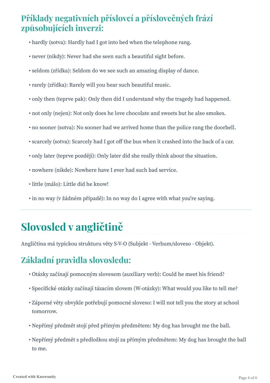 # Inverze, slovosled a mediace v
angličtině

Studijní materiál zaměřený na pravidla inverze, slovosledu a mediace v anglickém jazyce s
přehl