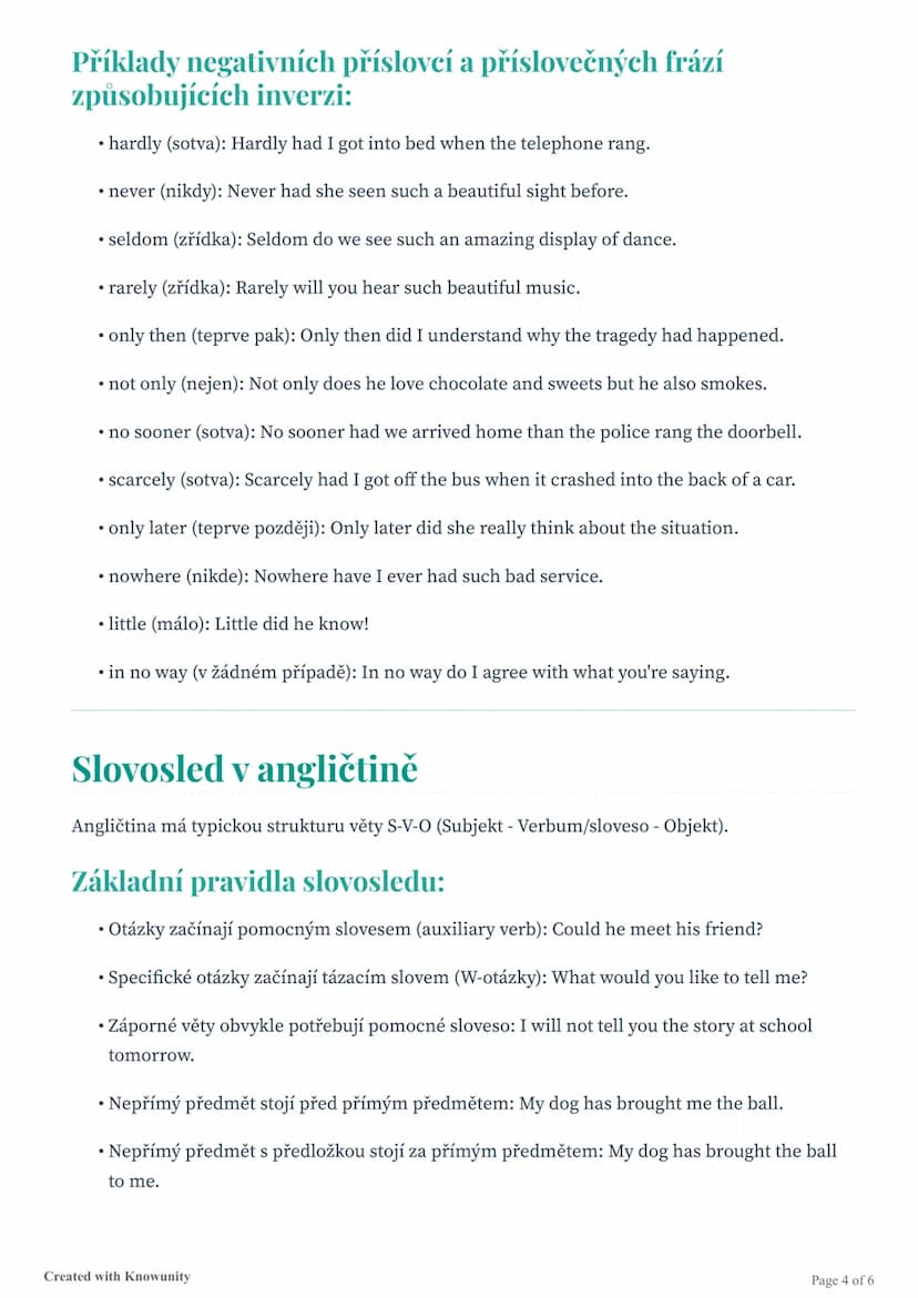 # Inverze, slovosled a mediace v
angličtině

Studijní materiál zaměřený na pravidla inverze, slovosledu a mediace v anglickém jazyce s
přehl