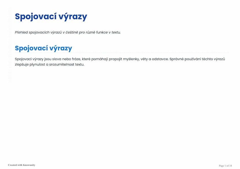 # Spojovací výrazy

Přehled spojovacích výrazů v češtině pro různé funkce v textu.

# Spojovací výrazy

Spojovací výrazy jsou slova nebo frá