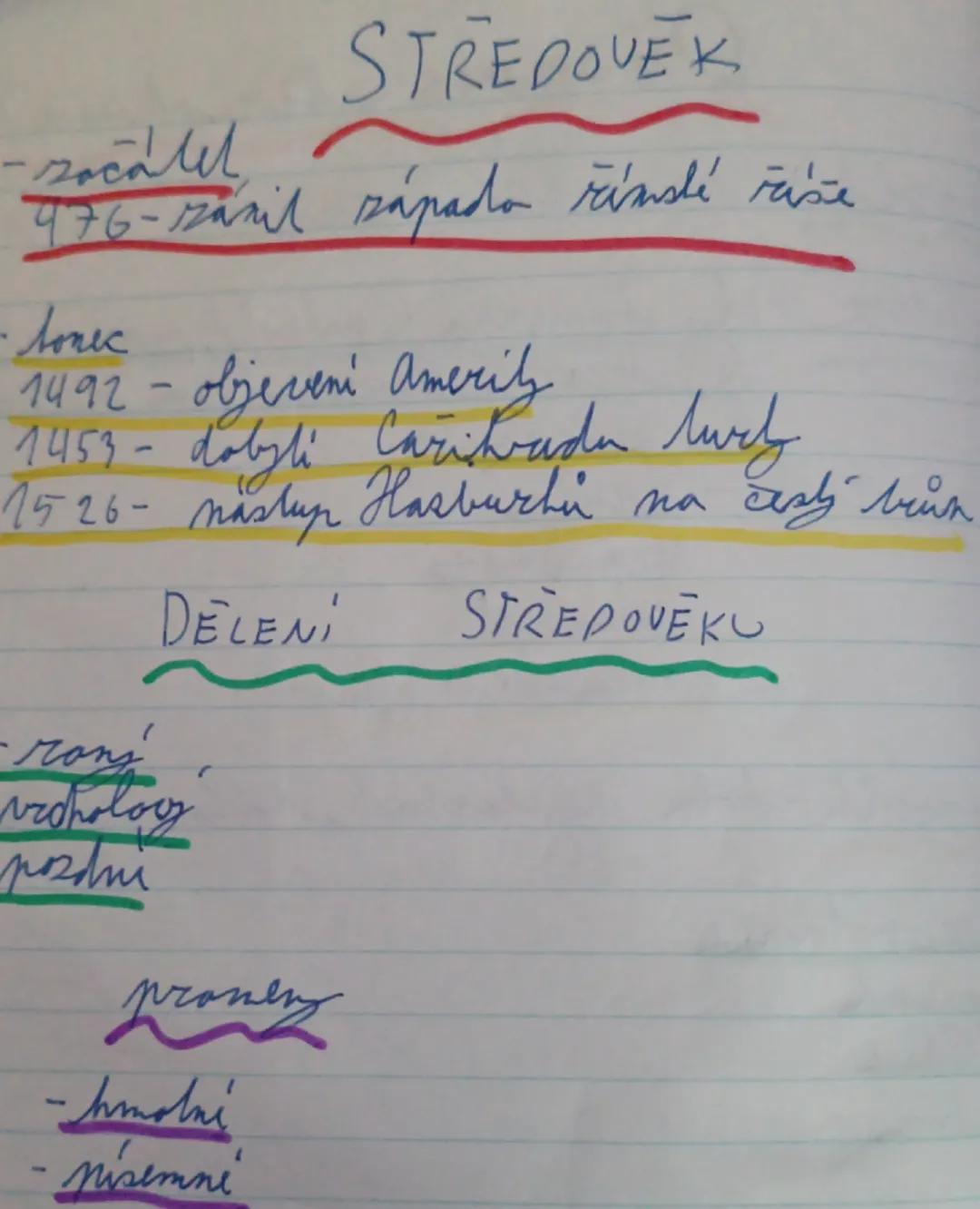# STŘEDOVĚK

- začátek
476 - zánik západní říše

- konec
1492 - objevení Ameriky
1453 - dobytí Cařihradu Turky
1526 - nástup Habsburků na če