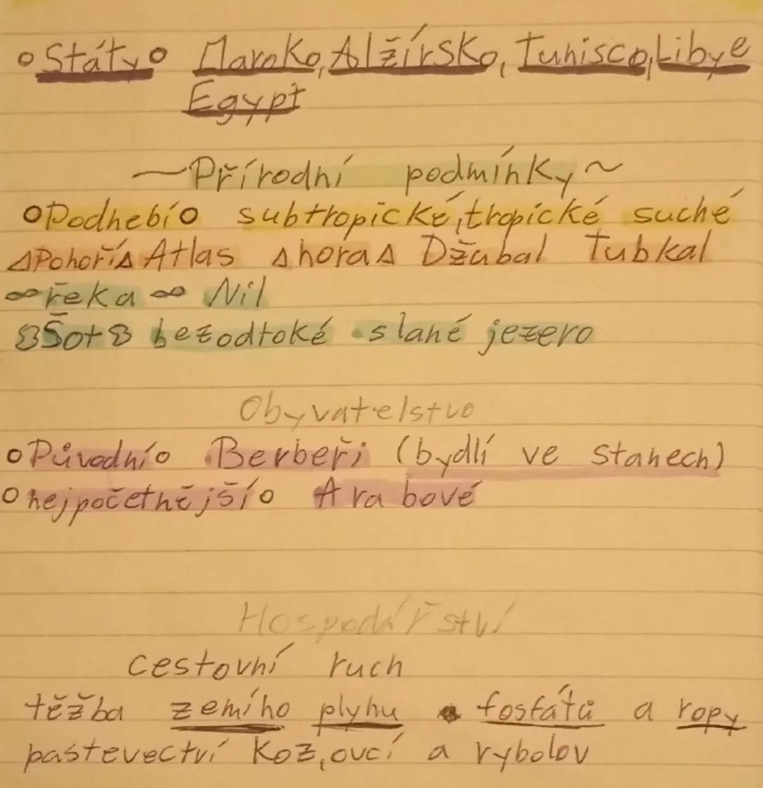 •Státy Maroko, Alžírsko, Tunisco, Libye
Egypt
-Přírodní podmínky~
•Podnebío subtropické, tropické, suché
•Pohorí Atlas, hora Džabal Tubkal
•