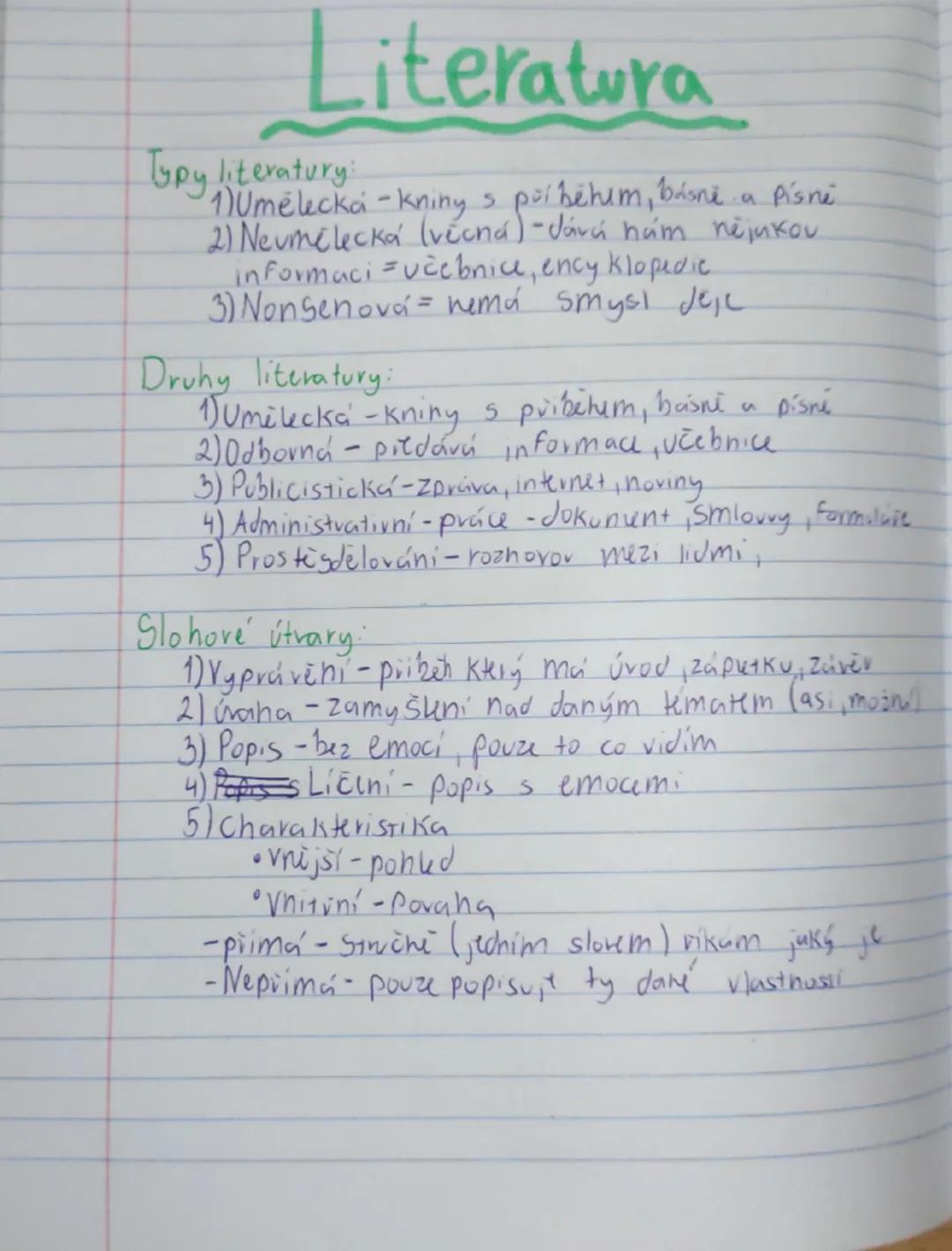 --- OCR Start ---
Literatura
Typy literatury:
1) Uměleckákniny s příběhim, básně a Písně
2) Neumelecká (věcná ) - Jává nám nějakou
informaci