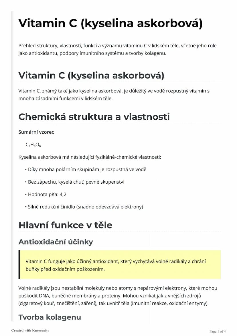 # Vitamin C (kyselina askorbová)
Přehled struktury, vlastností, funkcí a významu vitaminu C v lidském těle, včetně jeho role
jako antioxidan
