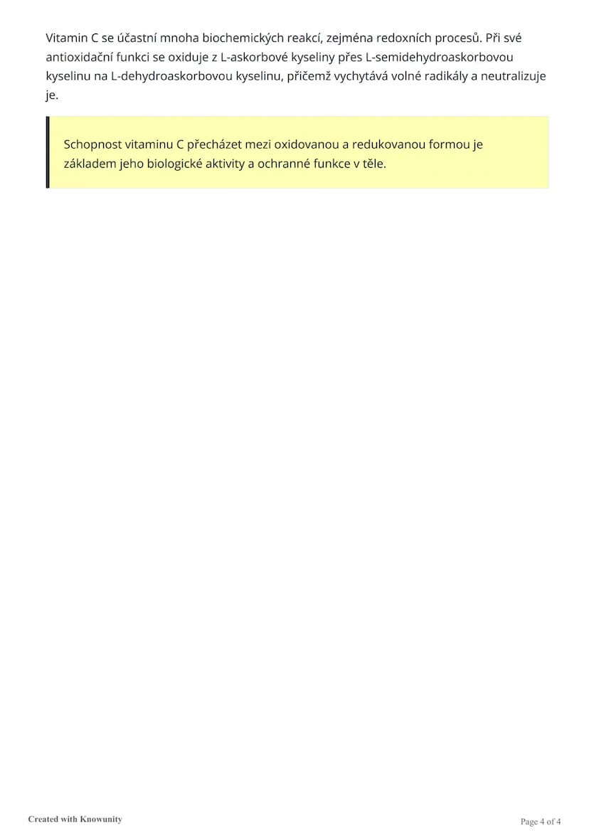# Vitamin C (kyselina askorbová)
Přehled struktury, vlastností, funkcí a významu vitaminu C v lidském těle, včetně jeho role
jako antioxidan