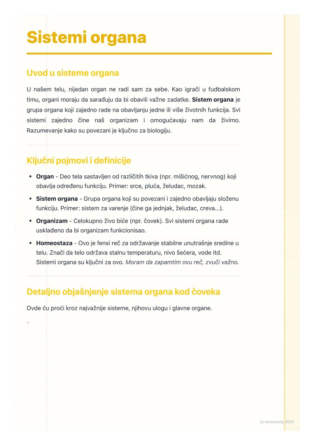 # Sistemi organa

Uvod u sisteme organa

U našem telu, nijedan organ ne radi sam za sebe. Kao igrači u fudbalskom
timu, organi moraju da sar