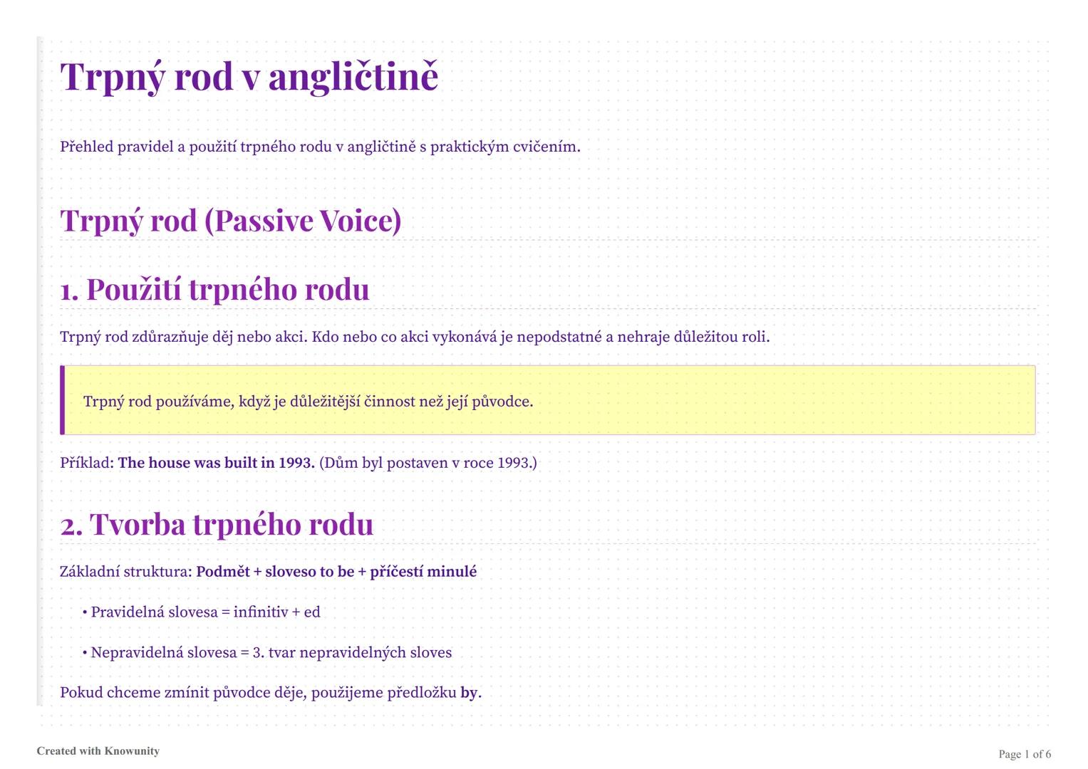 # Trpný rod v angličtině

Přehled pravidel a použití trpného rodu v angličtině s praktickým cvičením.

# Trpný rod (Passive Voice)

## 1. Po