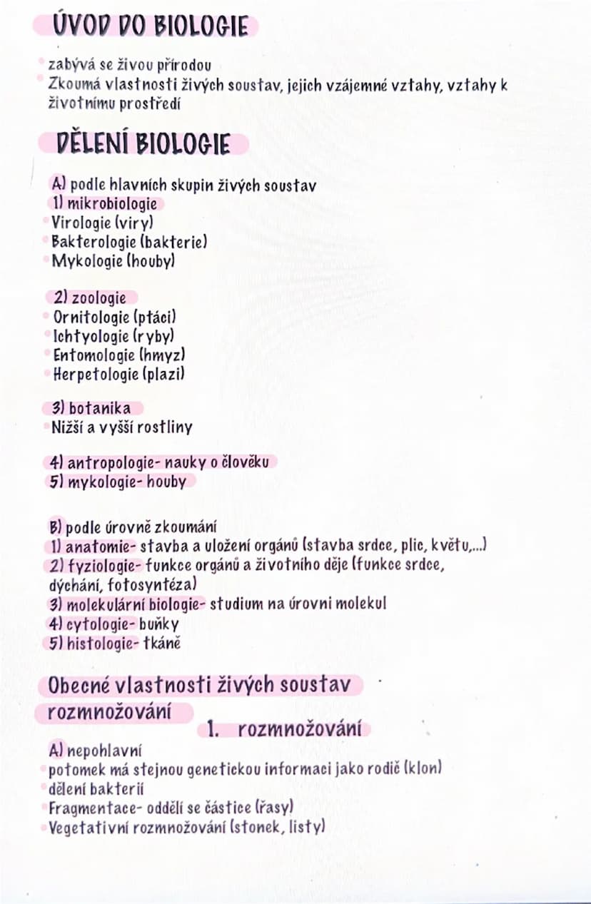 # ÚVOD DO BIOLOGIE

- zabývá se živou přírodou
- Zkoumá vlastnosti živých soustav, jejich vzájemné vztahy, vztahy k životnímu prostředí

# D