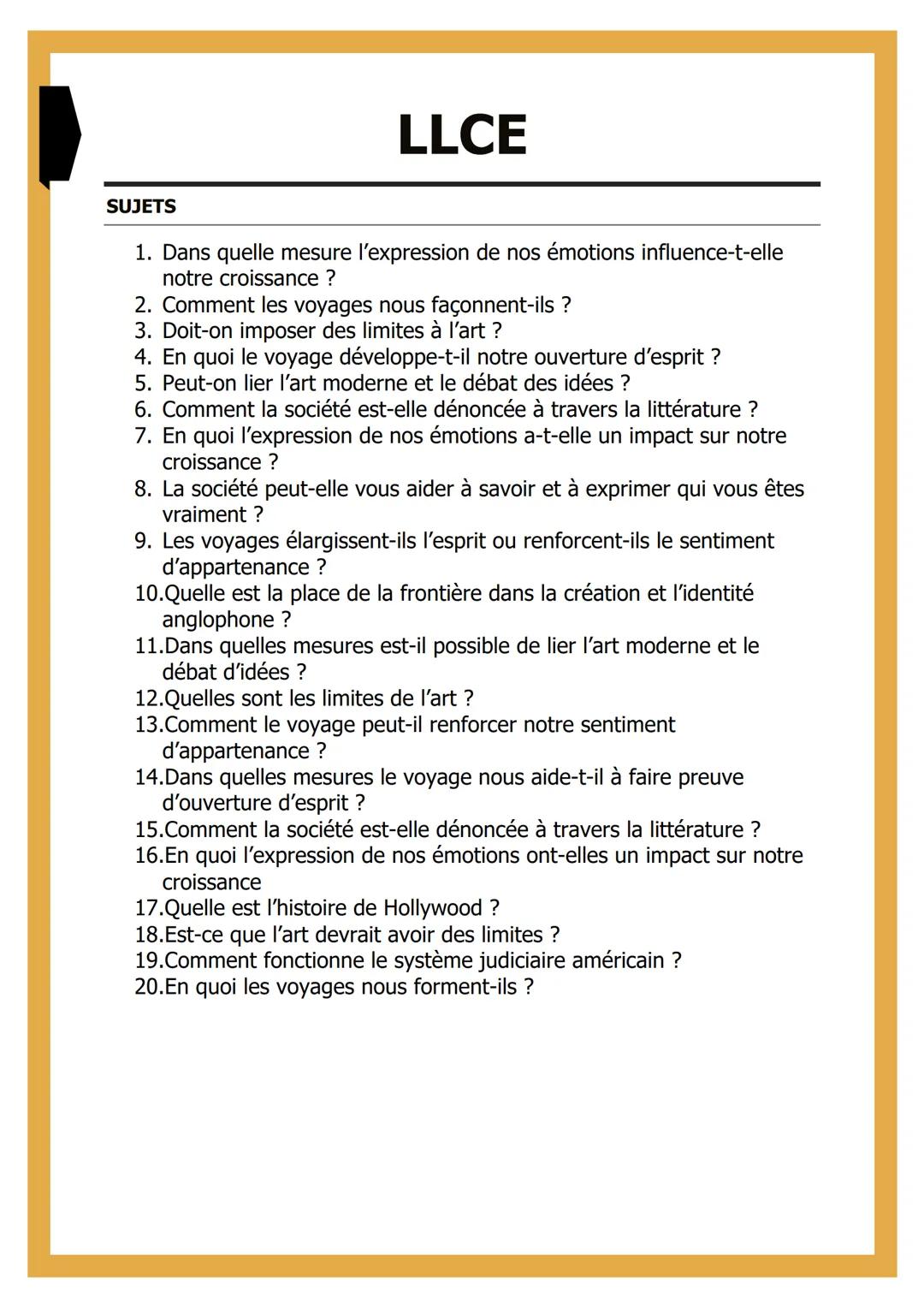 # LLCE

SUJETS

1. Dans quelle mesure l'expression de nos émotions influence-t-elle
notre croissance ?
2. Comment les voyages nous façonnent
