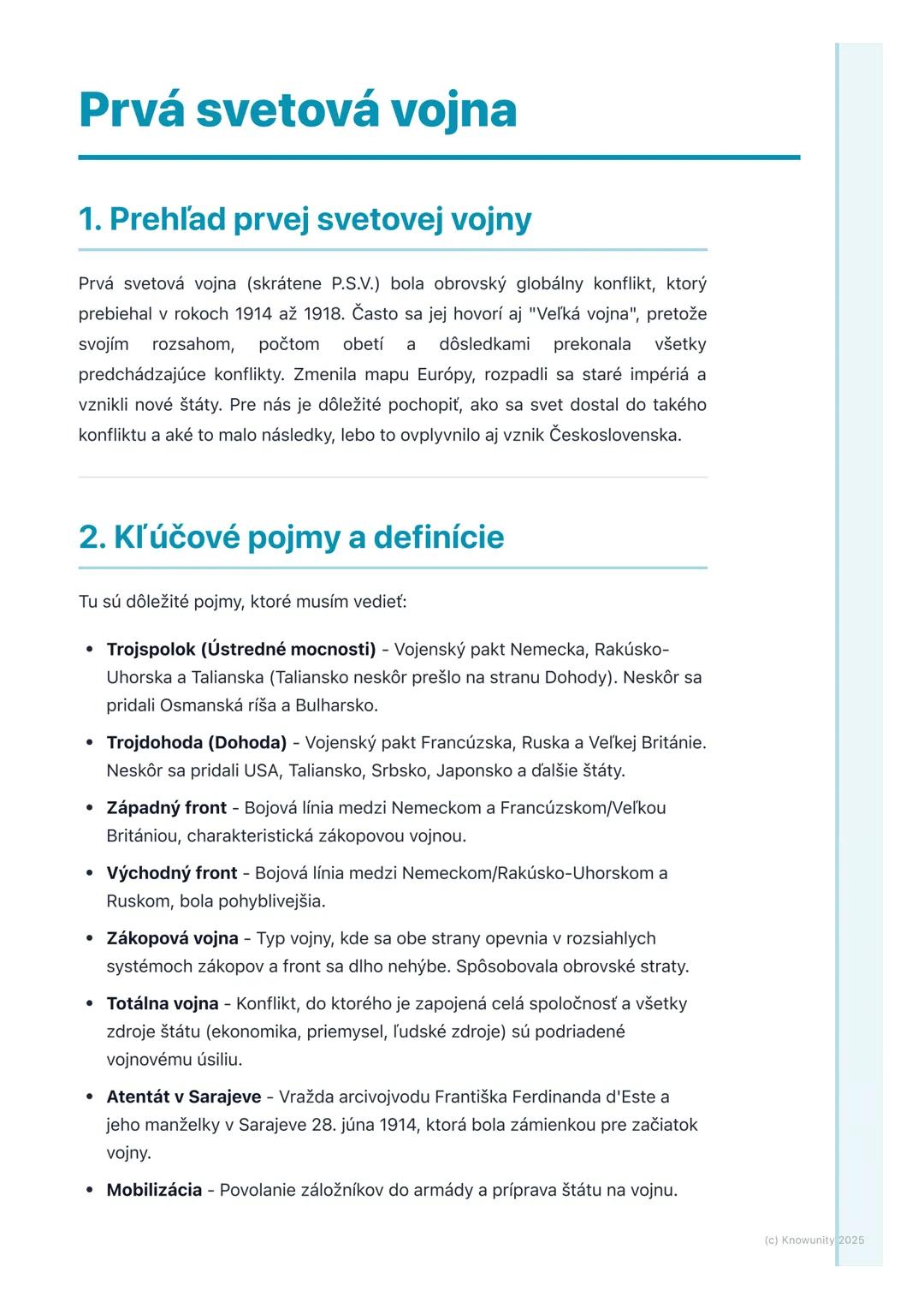 # Prvá svetová vojna

## 1. Prehľad prvej svetovej vojny

Prvá svetová vojna (skrátene P.S.V.) bola obrovský globálny konflikt, ktorý
prebie